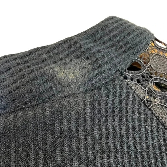 Miholl NWT Navy Blue Blouse Plus XXL Long Lace Eyelet Sleeves Waffle Knit Zipper - Picture 7 of 9